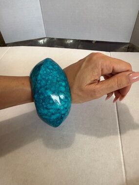 HUGE BRACELET Bold Chunky Blue Marbled Heavy Bangle Unique Shape Bracelet Wood?
